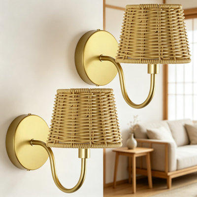 Battery Operated Wall Sconce Set of 2, Rechargeable Wireless Rattan Wall Lights with Dimmable Detachable Magnetic Bulbs and Remote, 3 Color Temperatures Wall Lamps for Bedroom Living Room Hallway, Gold Finish, 7 Inch