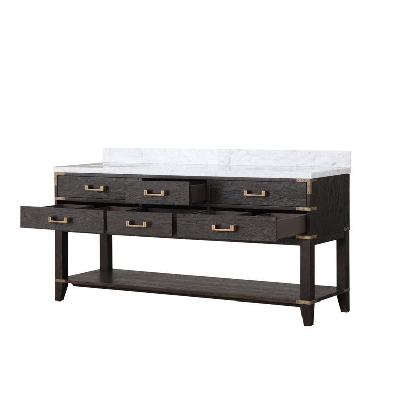 Meuble-lavabo double en chêne brun 72 po X P 22 po D, avec plateau en marbre de Carrare, 72", Chêne brun