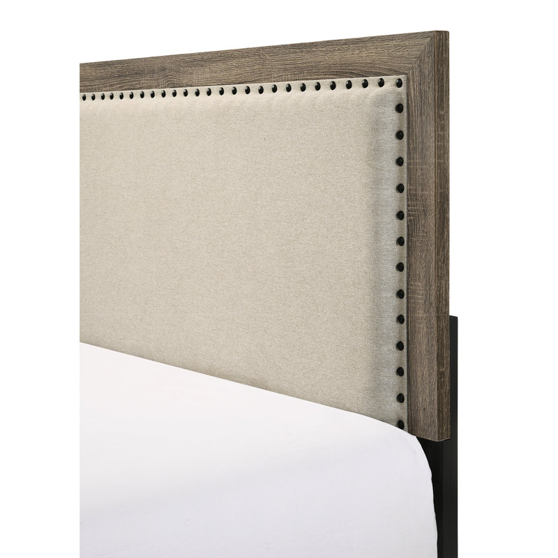 Beautifully Designed Queen Bed With Grey Fabric And Wood Veneers Modern Size Crystal Inlay Upholstery, Gray, Queen