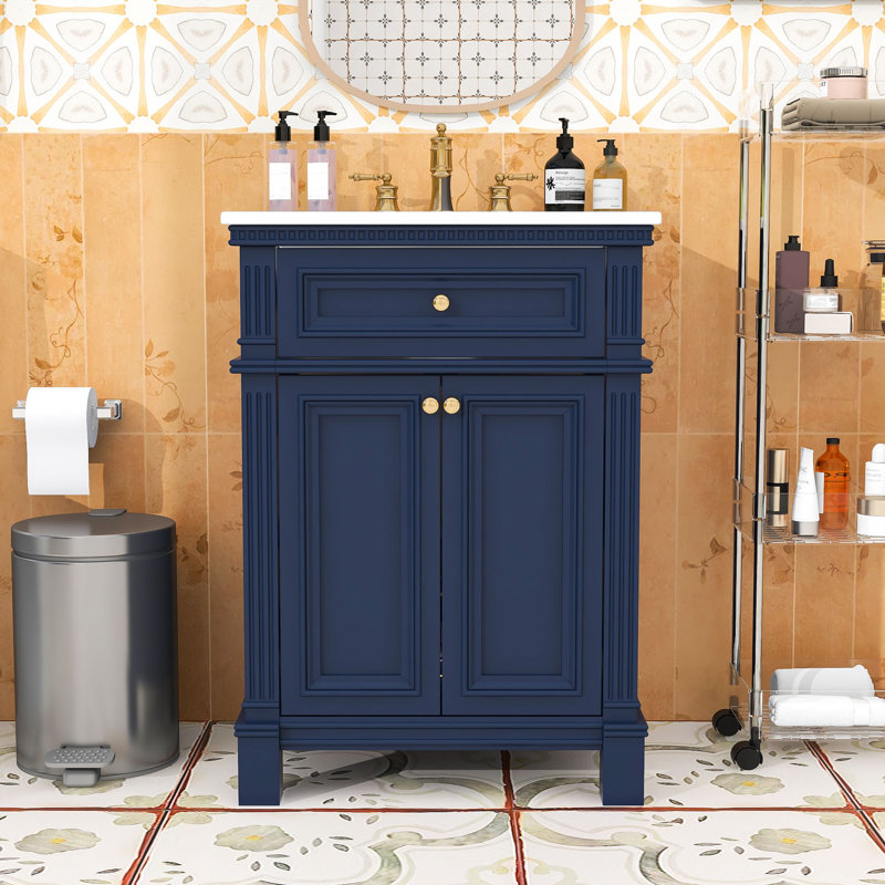 Meuble-lavabo de salle de bain avec lavabo, portes à fermeture douce et tablette réglable, Bleu