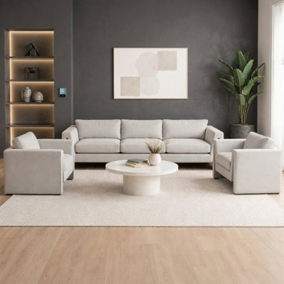 Ensemble de salon moderne 3 pièces avec canapé rembourré en velours et 2 fauteuils, structure angulaire en bois, silhouette géométrique contemporaine - gris