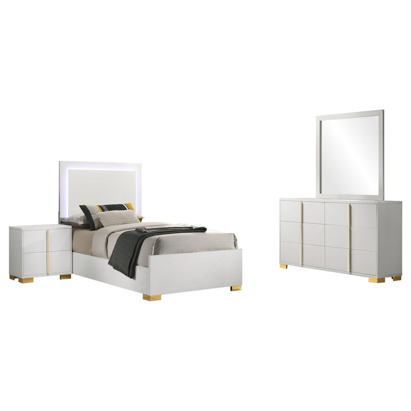Sabrielle Manufactured Wood Bedroom Set, White, Twin, 4 Pcs: Bed, Nightstand, Dresser, Mirror