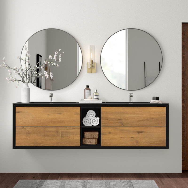 Kiskimere 74.8" Wall-Mounted Double Bathroom Vanity Set, Black Oak