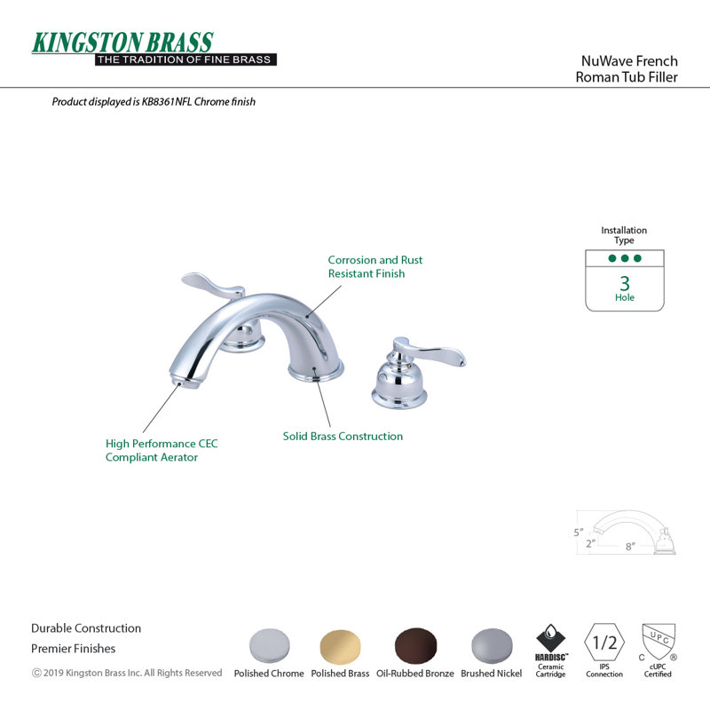 Kingston Brass NuWave French Two-Handle 3-Hole Deck Mount Roman Tub Faucet, Brushed Nickel