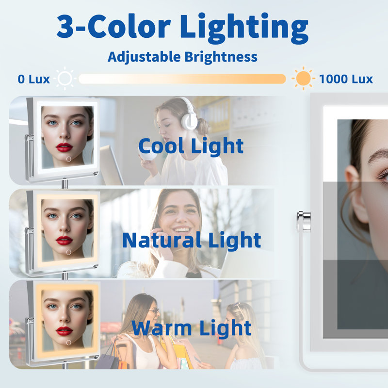  Miroir de maquillage mural rechargeable avec lumières, miroir de coiffeuse grossissant 1X / 10X à double face avec éclairage 3 couleurs, écran tactile à intensité variable, bras rotatif à extension à 360 ° (chrome poli)