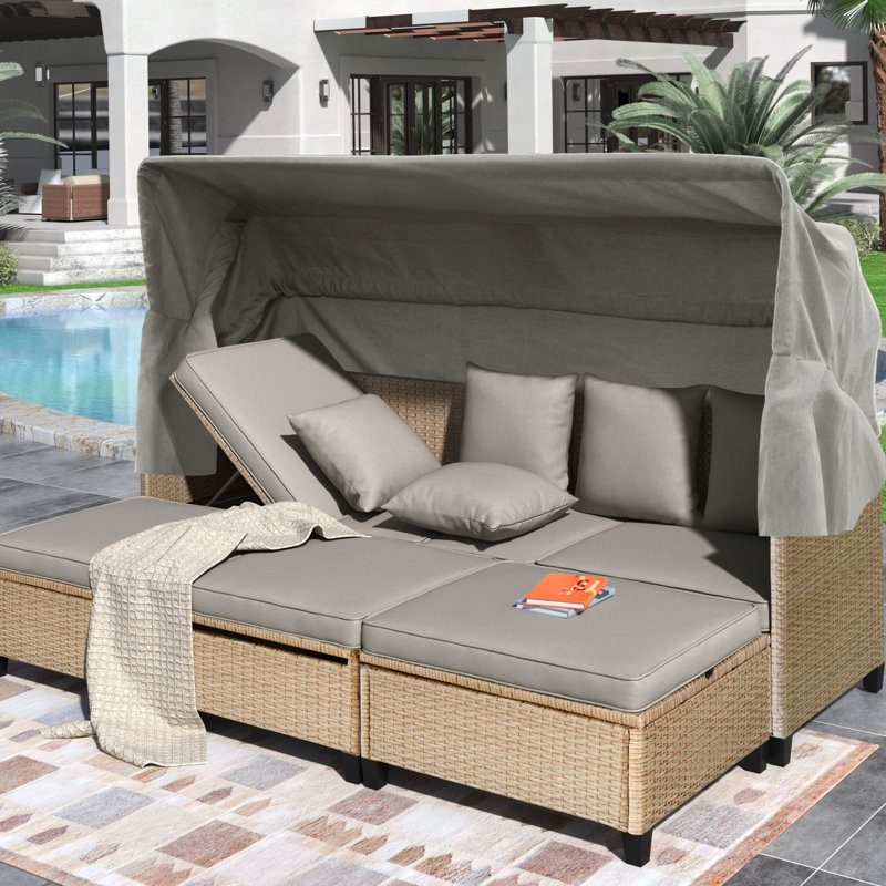 - Patio avec auvent rétractable, 3 positions inclinables et coussins d'eau, Brun