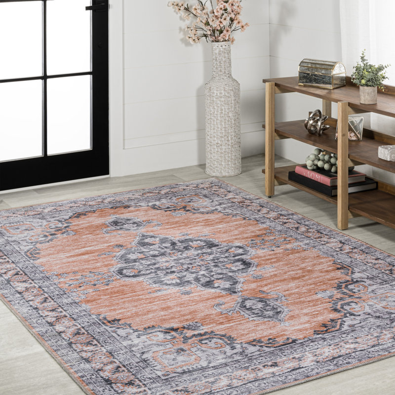 Wincer Chenille Cottage Medallion Machine-Washable Orange/Gray Rug, Rectangle 2'11" x 5'