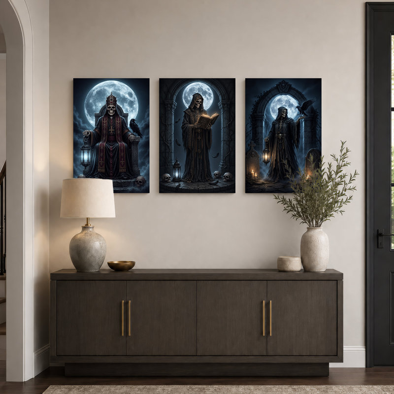 Ensemble de 3 toiles squelettiques sous la pleine lune avec Halloween, 36"H x 24"W x 3pcs