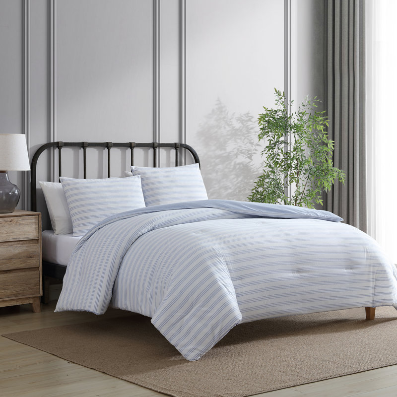 Twin Blue Striped Cotton Blend Reversible Comforter Set