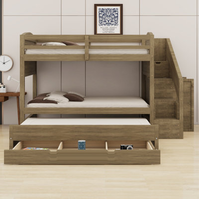 Structure de lit superposé en bois avec lit gigogne, rangement de tiroir, escalier de rangement et garde-robe