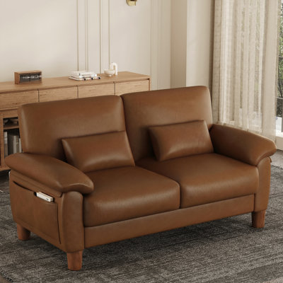 180cm Faux Leather 2-Seater Sofa With Solid Wood Frame, Spring Seat Cushion and Two Throw Pillows