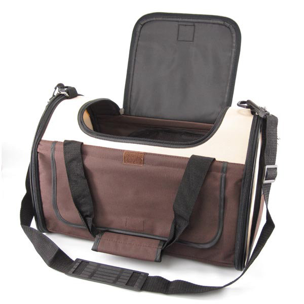 Collapsible Pet Carrier with 1 Door, Cream / Brown, Large (11.5" H x 11.5" W x 17.5" D)