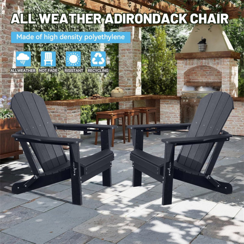 Adirondack Chairs Set Of 2, Plastic Adirondack Chair, Adirondack Chairs, HDPE Adirondack Chair, Folding Adirondack Chairs, Outdoor Chairs With Cup Holder For Lawn Patio Deck Fire Pit -Black