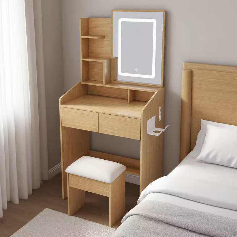 Coiffeuse avec miroir lumineux à DEL, prise de courant, porte-séchoir à cheveux et tabouret - Coiffeuse compacte pour petites chambres à coucher (bois)