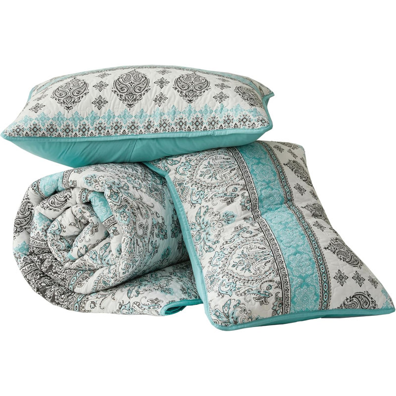 Herald Printed Boho Damask Microfiber Quilt Set, King Quilt + 2 King Shams, Black/White/Aqua Blue Damask