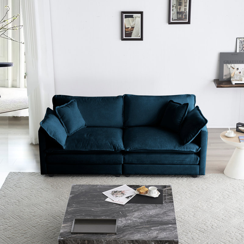 Salon - chenille bleue, 4 coussins inclus, structure en bois massif, chenille haute 2 pour la chambre, rembourrage en éponge, base, confortable et relaxant