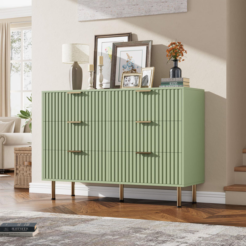 Commode cannelée 47,2 "à 6 tiroirs pour chambre à coucher, tiroirs profonds, Vert
