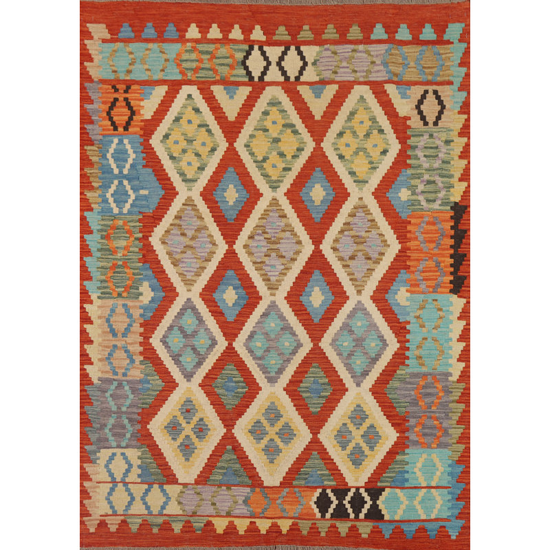 Geometric Kilim Reversible Wool Area Rug 5x6
