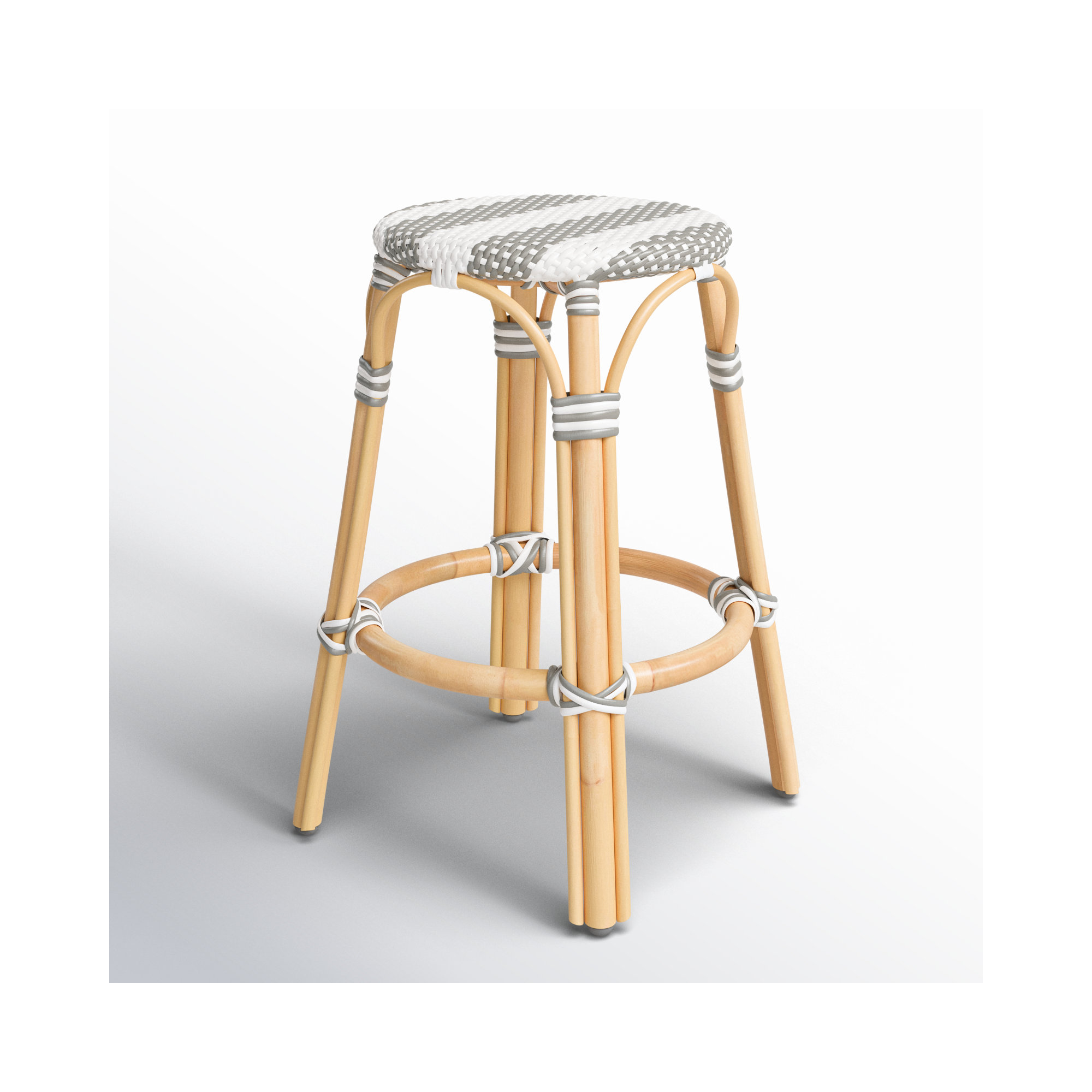 Alastair Bar & Counter Stool, Gray/White Stripe/Natural Rattan Frame, Counter Stool (24" Seat Height)