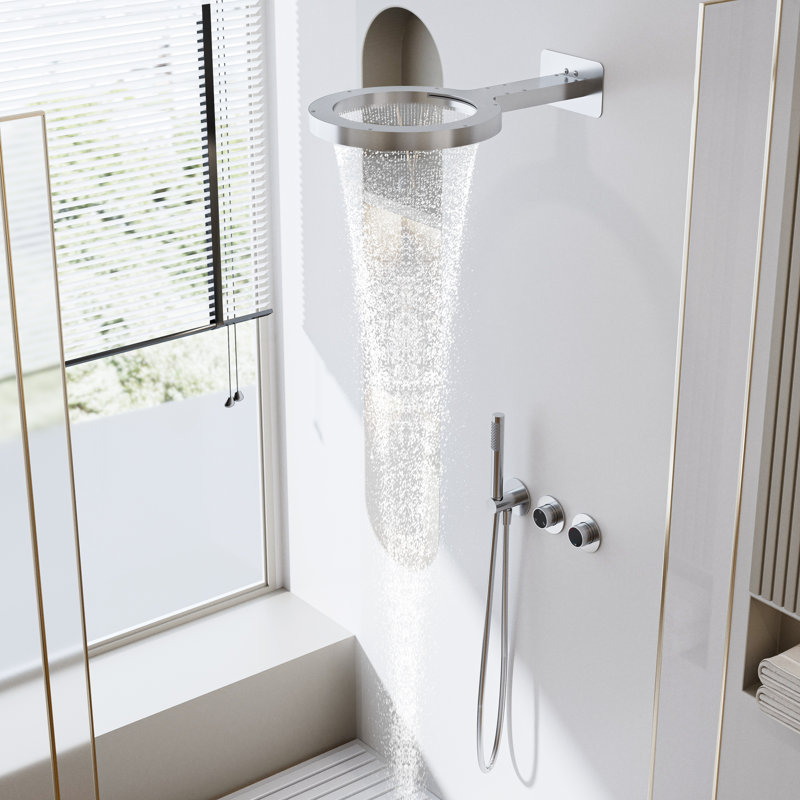 Dual-Function Rainfall And Waterfall Shower System With Handheld Shower, Dual-Handwheel Temperature And Diverter Controls