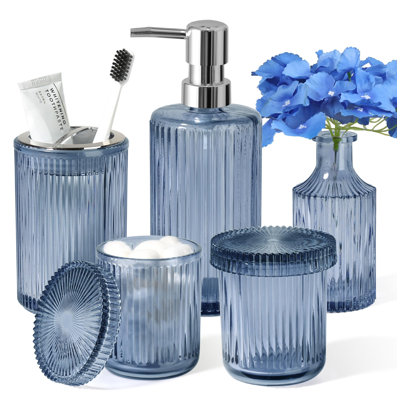 Accessoires de salle de bain bleus 5 pièces, ensemble d'accessoires de salle de bain en verre, ensemble de salle de bain rétro bleu, ensemble de porte-brosse à dents et porte-brosse à dents royal, porte-gobelet, petit vase à fleurs, décor de salle de bain moderne