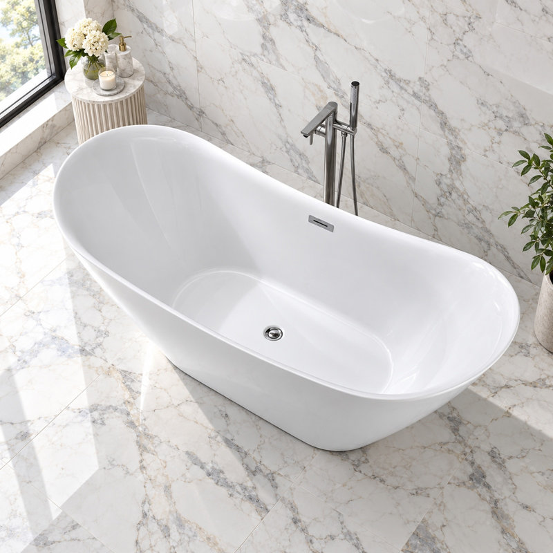 Freestanding Soaking Acrylic Bathtub, 59"