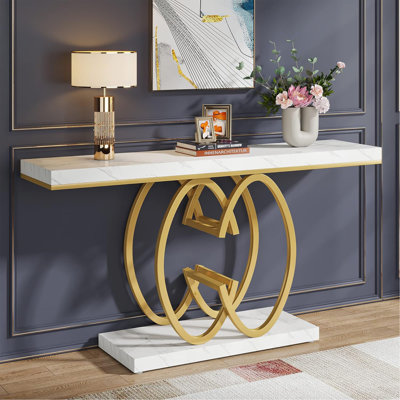Console de 55 po en faux marbre, table d'entrée géométrique dorée, table d'appoint moderne pour salon, couloir, vestibule, finition blanche et dorée