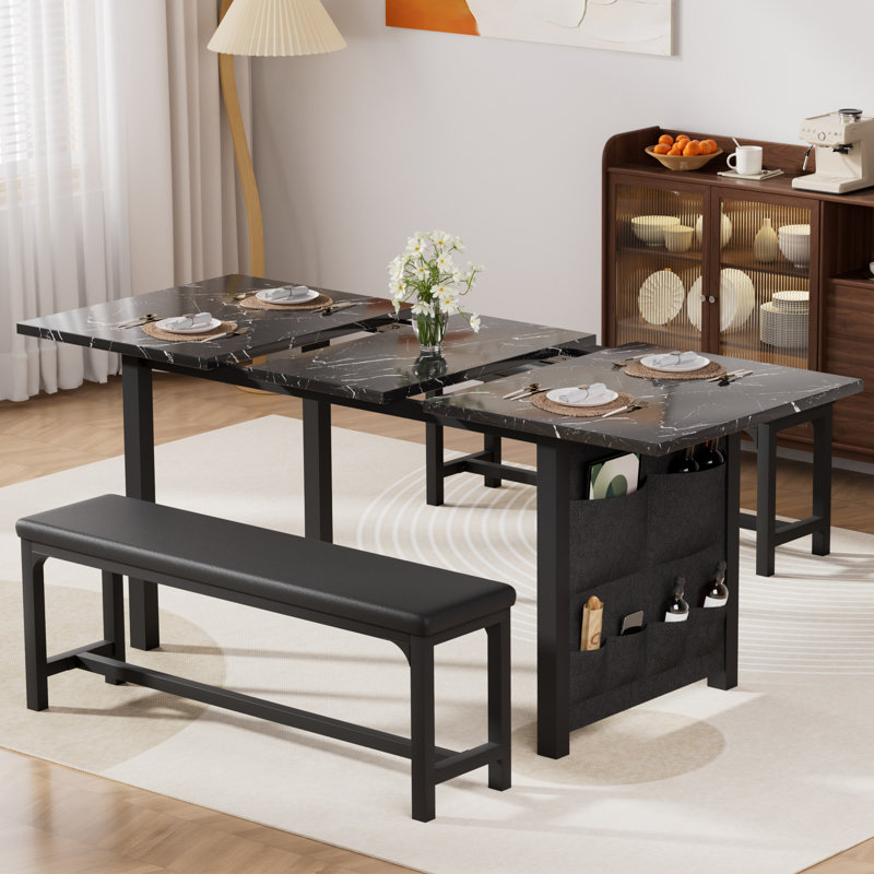 Vidala 63" Extendable Dining Table Set with Benches, Rectangular Wood and Metal Kitchen Table Set for 6-8 People, Space-Saving Expandable Dining Room Furniture, Multifunctional Small Apartment Table