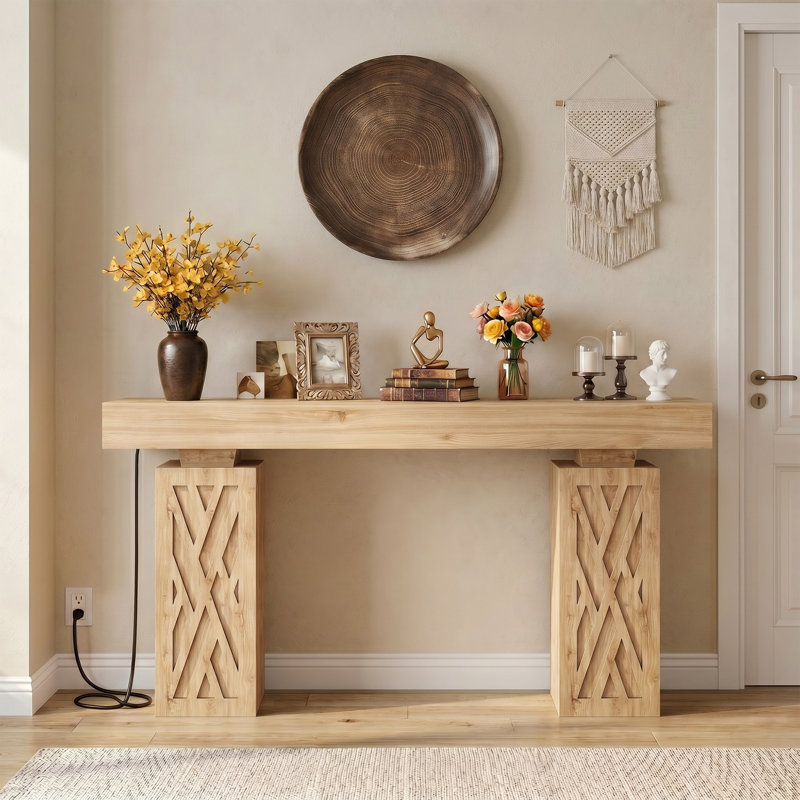 63" Console Table With Reversible Outlets & RGB Light, Thick Entryway Table With Hollow Carved Storage Legs, Beige Wood