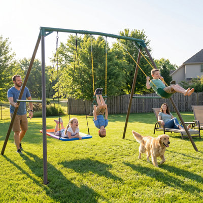 9.5' Heavy Duty Metal Swing Set with Belt Swing, Trapeze Bar
