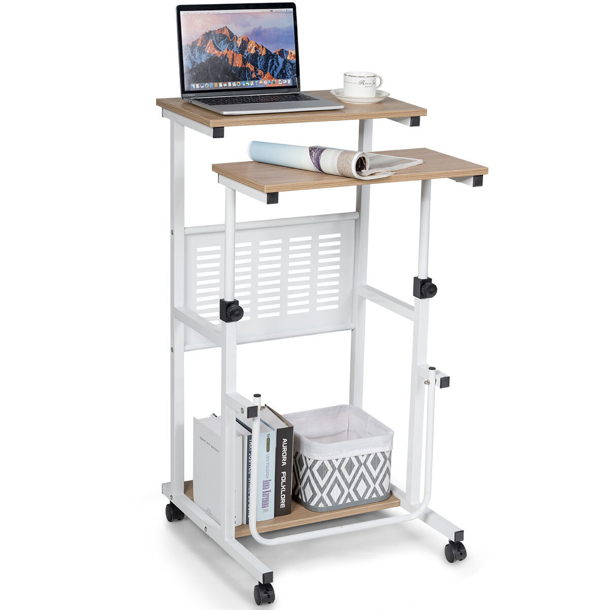 Costway Mobile Standing Desk Rolling Adjustable Laptop Cart Home Office  Natural