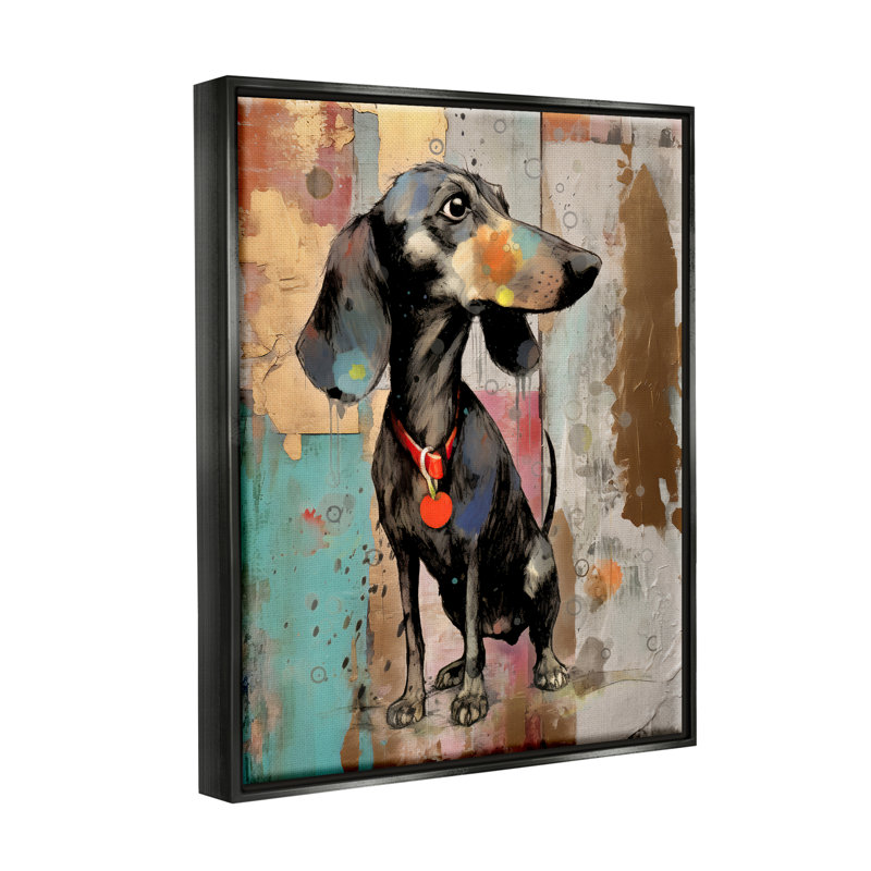 Teckel, collage moderne, impression sur bois, Cadre flottant noir de jais, H 30 po x l 24 po x P 1,7 po