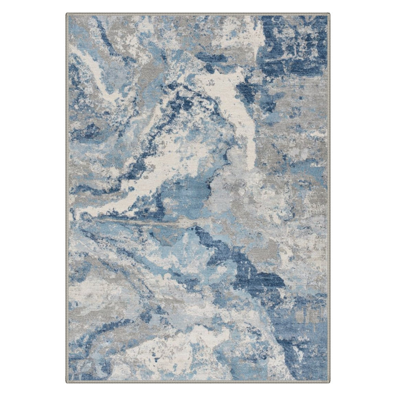 Tapis d'intérieur bleu / gris / beige lavable à la machine Patericia Aura avec envers antidérapant, Rectangle 5 pi x 7 pi