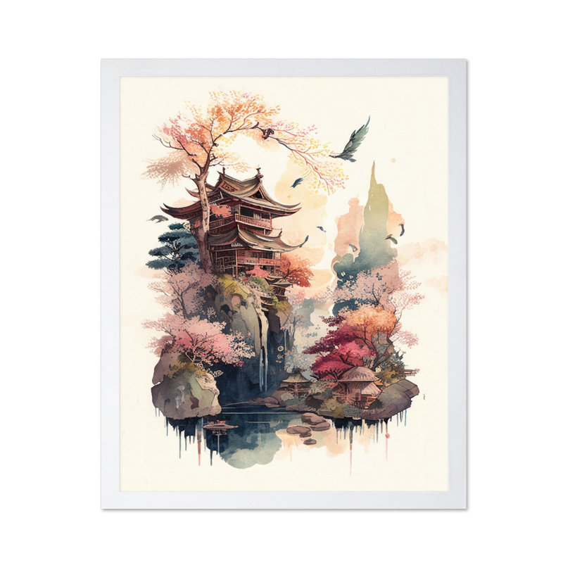 Aquarelle pagode japonaise, Affiche, Encadrement blanc, H 16 po x l 20 po