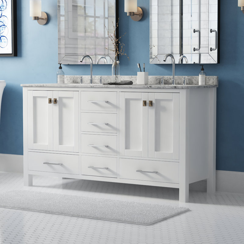 Minnich 60"W x 22"D Double Sink Bathroom Vanity with White Carrara Countertop and Undermount Porcelain Sinks, White