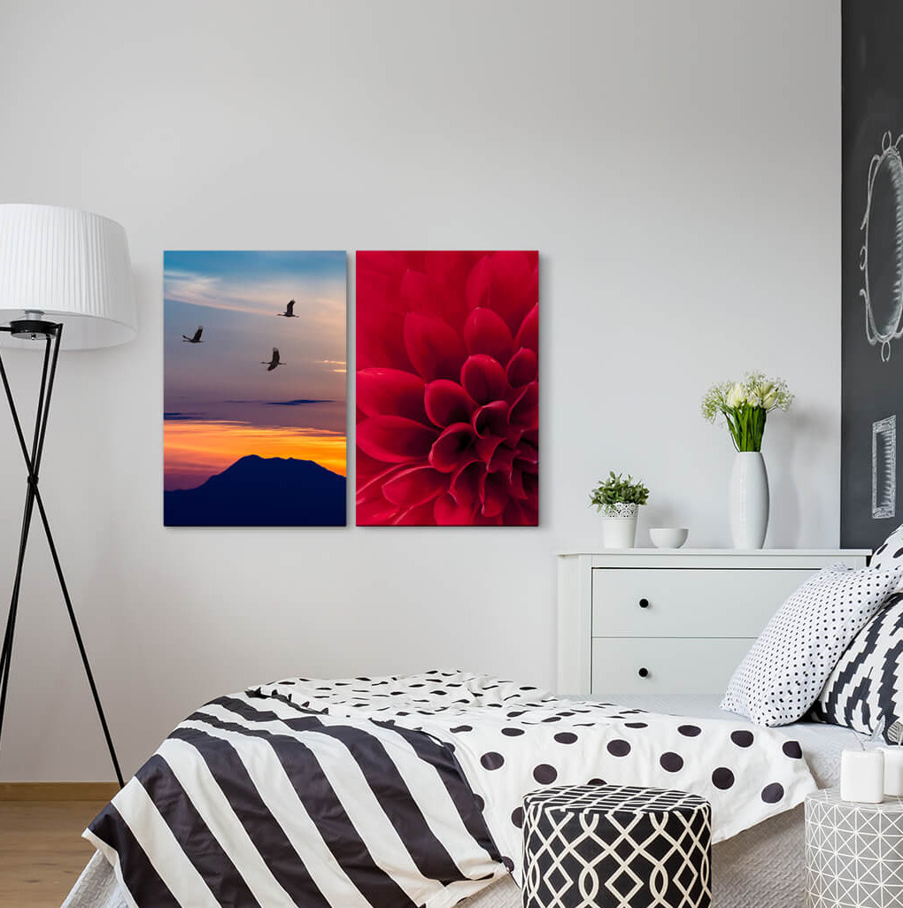 2-tlg. Leinwandbilder-Set - Fotografie „Dahlia Flower Cranes Japan Mountains Sunset Sky”