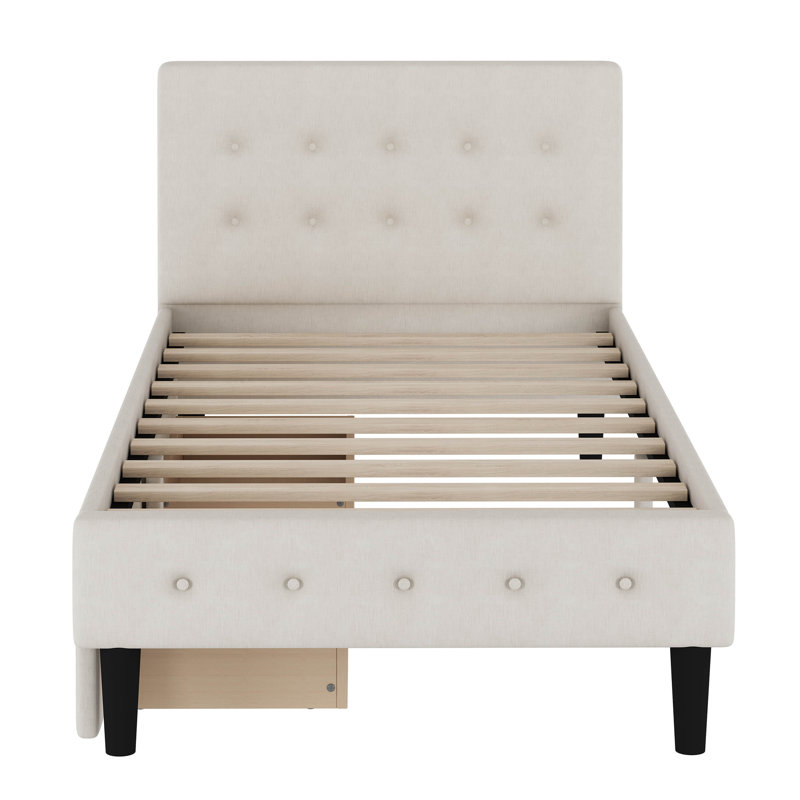 Lit plateforme tapissier simple capitonné Buchman, Beige