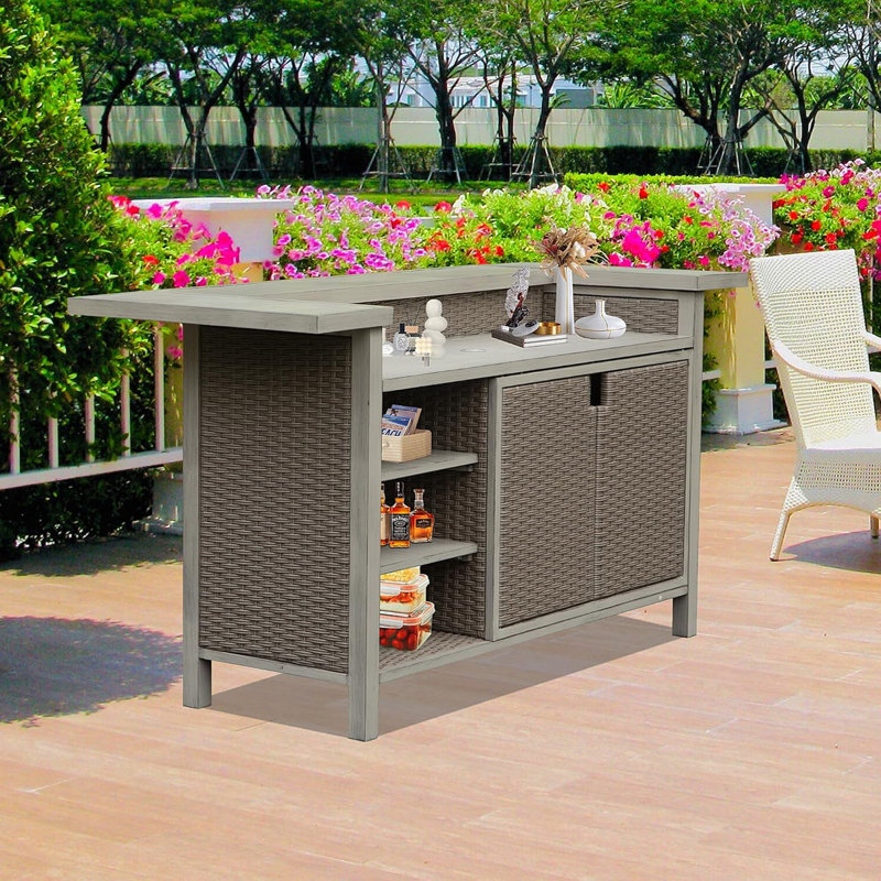 Patio Bar Table, Outdoor Aluminum PE Wicker Bar Cart With Cabinet, All Weather Use Storage Patio Cabinet For Patio Kitchen Or Bar Cart, Wood Grain