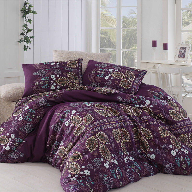 Ensemble de housse de couette 3 pièces en mélange de coton mauve / brun / gris Larue