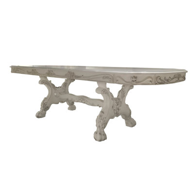 Table de salle à manger Ally, base à double piédestal, bois blanc os, 94 à 136 pouces