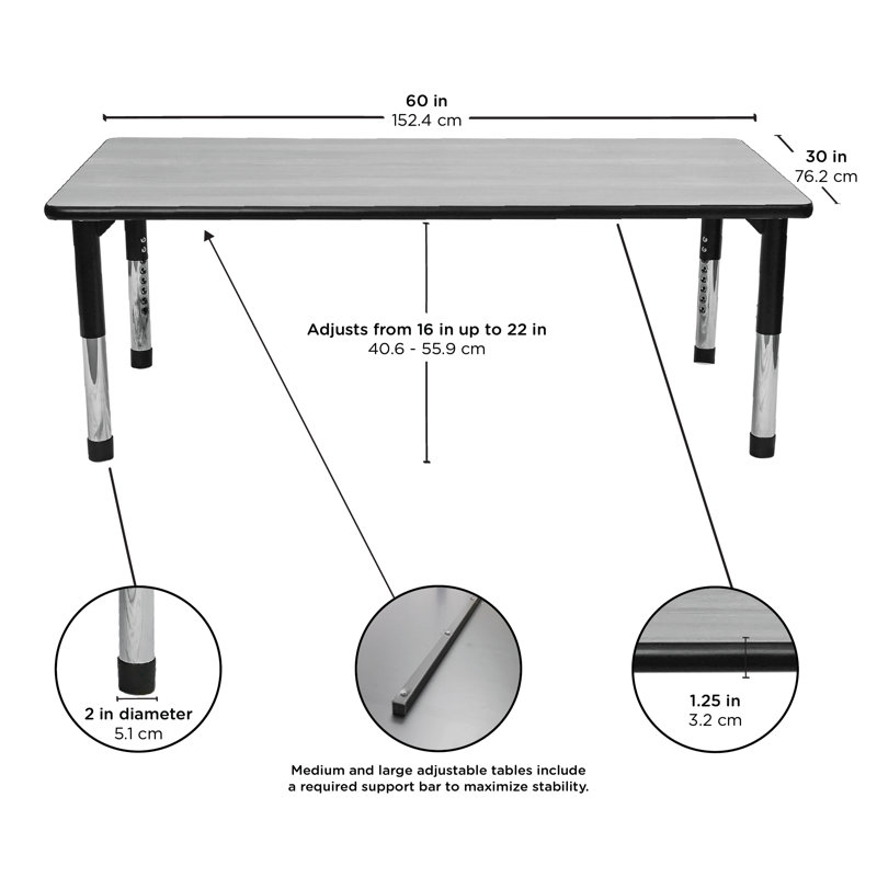 AS AS GROW Table rectangulaire réglable , Chêne / Noir, Noir/chrome, H 30 po x l 60 po x P 22 po