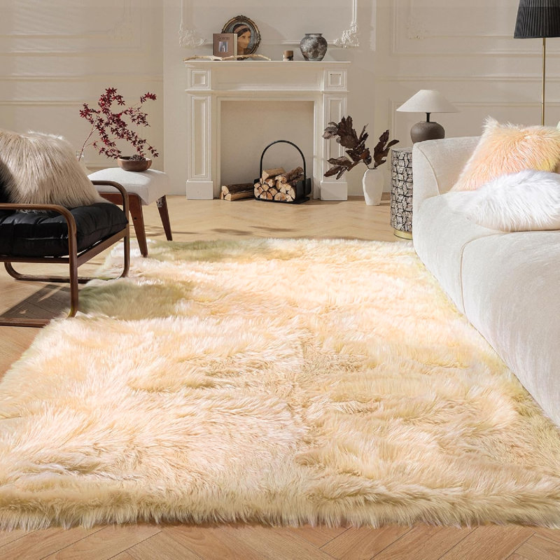 Yellow Shag Faux Sheepskin Fur Rug, Rectangle 5' x 8'