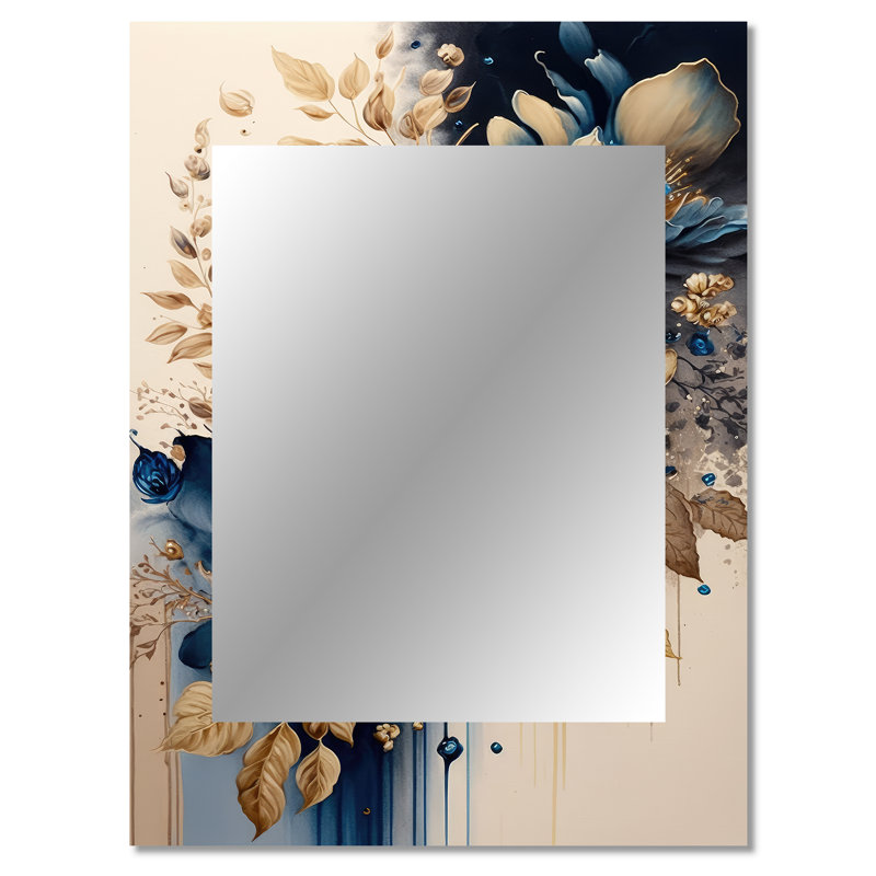 Blue And Gold Floral Bunch III - Floral Large Wall Mirror, Traditional Unique Mirror, Printed Metal Art, 40" x 30"