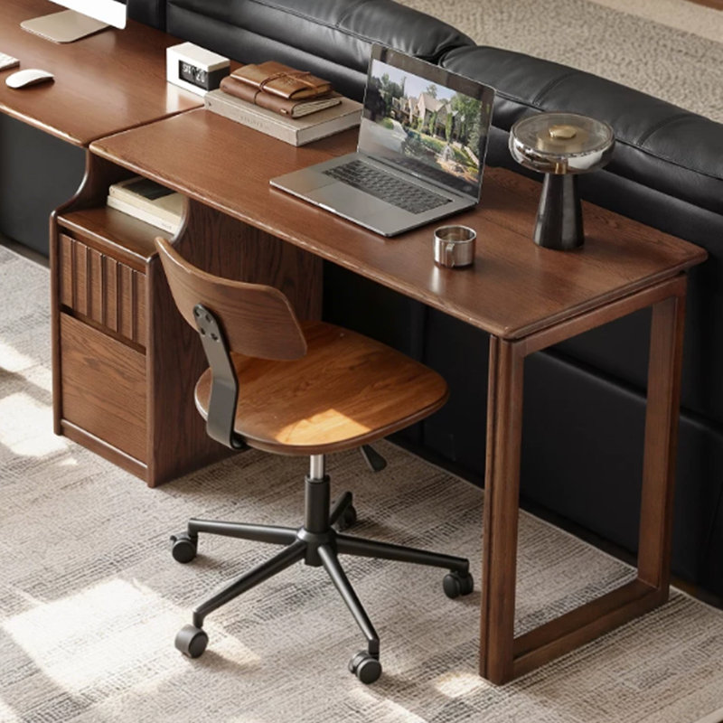 Dark brown oak double-persono computer desk, 29.52" H x 94.48" W x 22.04" D
