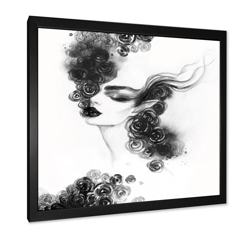 «Black and White Glam Woman Portrait II», reproduction d'art sur toile, H 16 po x l 16 po x P 1 po, Cadre photo noir