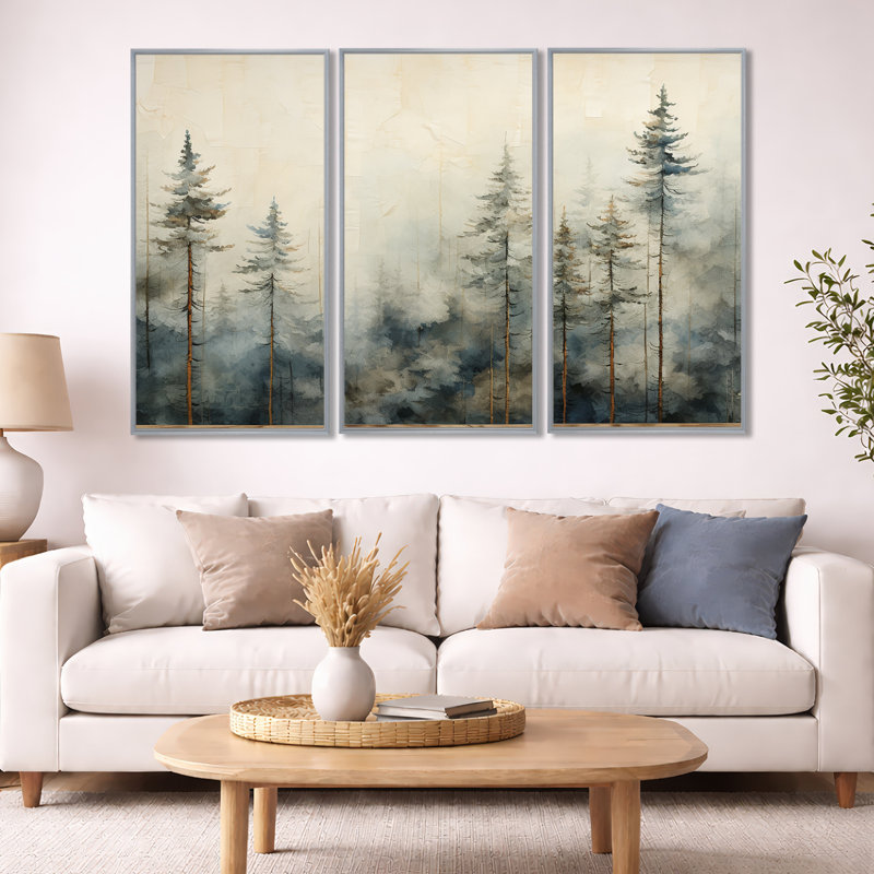 Forêt d'art de pin Minimalisme, H 40 po x l 60 po x P 1 po, Encadrement argenté