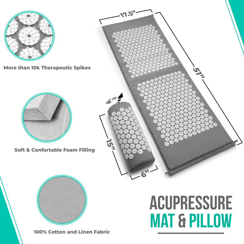 Sorbus 51 Inch Acupressure Mat, Pillow & Carry Bag Set - Helps with Stress, Back & Neck Pain - Great for Muscle Relaxation, Sciatica, & Meditation, Gray/White