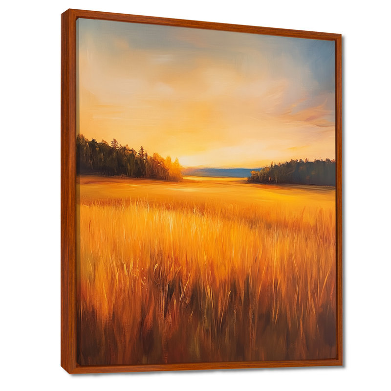 Impression sur toile «Golden Summer Meadow Glow II» - paysage jaune, H 40 po x l 30 po, Cadre flottant brun