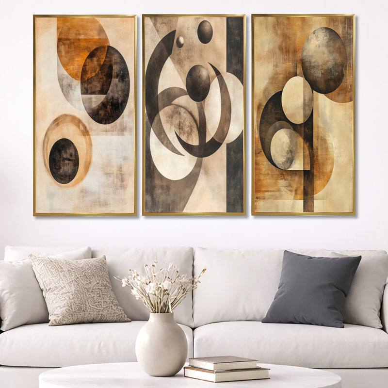 Orbiting Shapes in Sepia Space - Abstract Shapes, impression sur toile 3 pièces, H 40 po x l 60 po, Cadre flottant doré