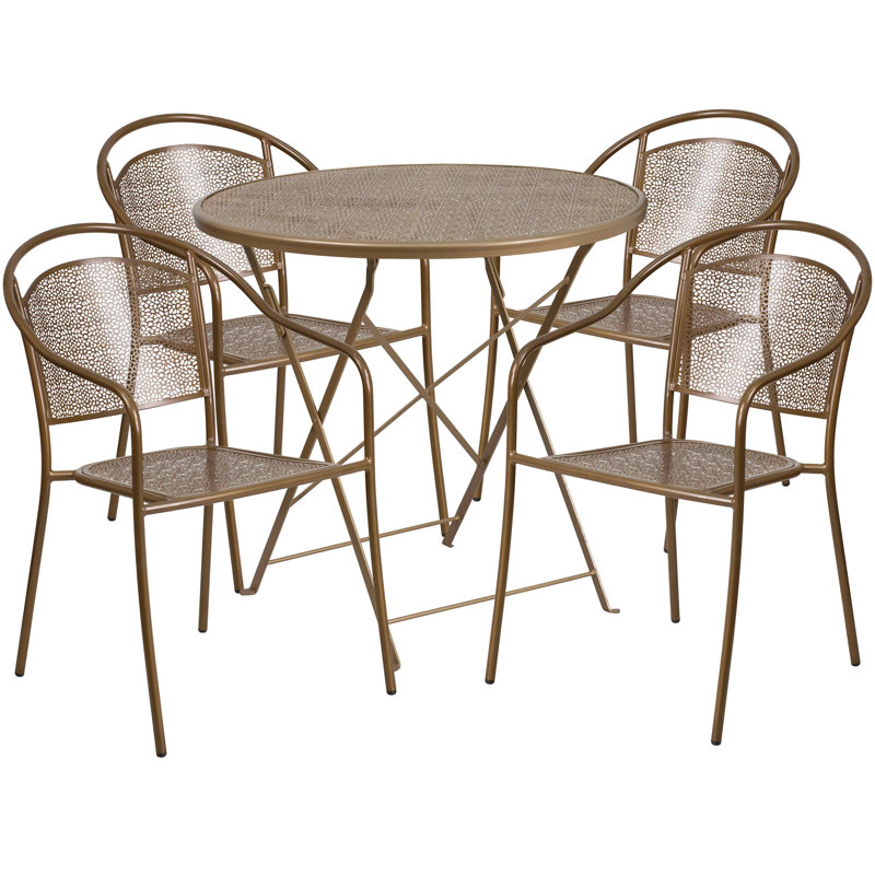 Ensemble de tables de patio pliantes intérieures et extérieures en acier 30 po avec 4 chaises rondes Chanea, Or